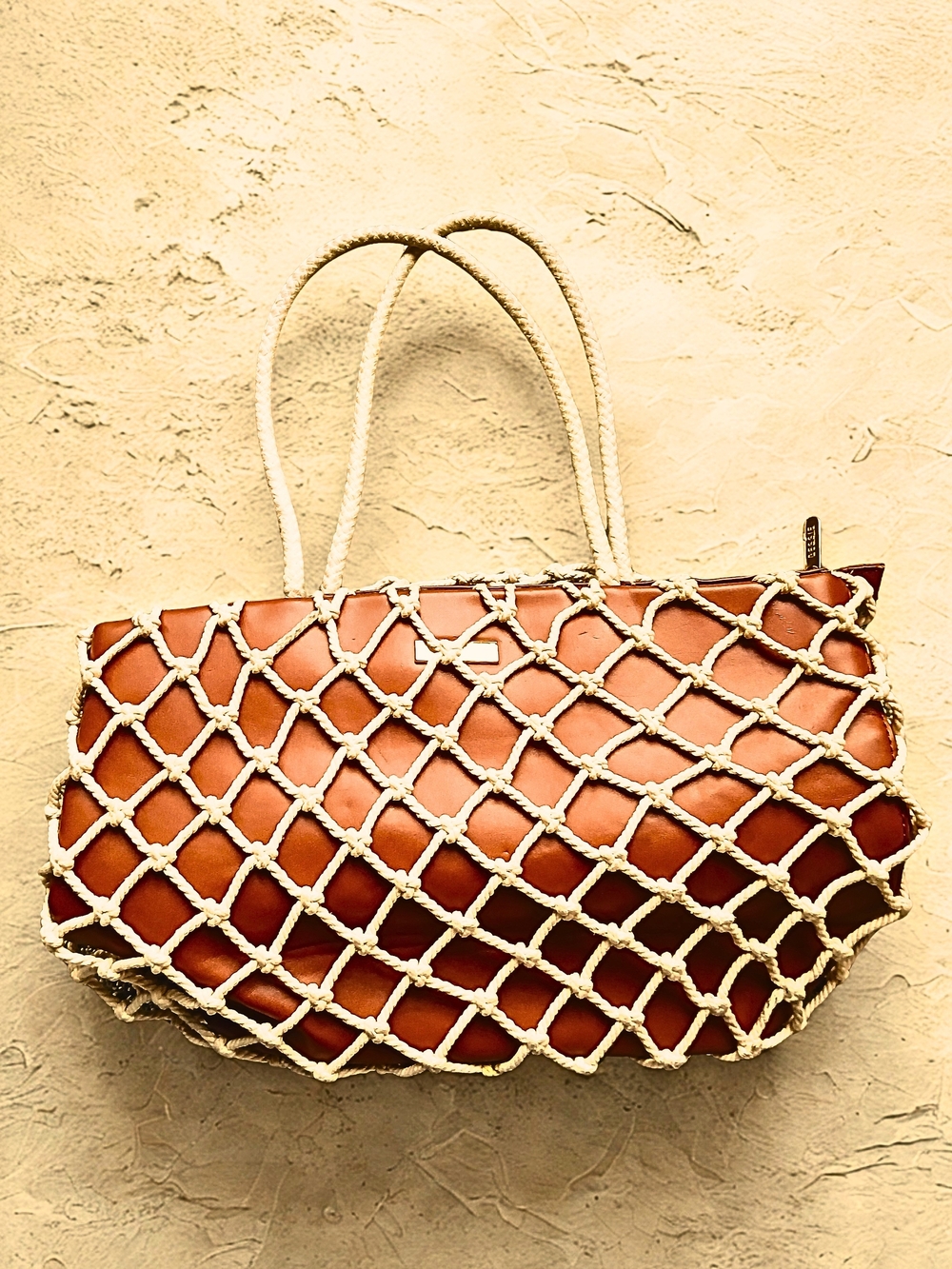 Boho Bessie London Faux Leather Woven Rope Net Large Full-Zip Tote Bag / Purse